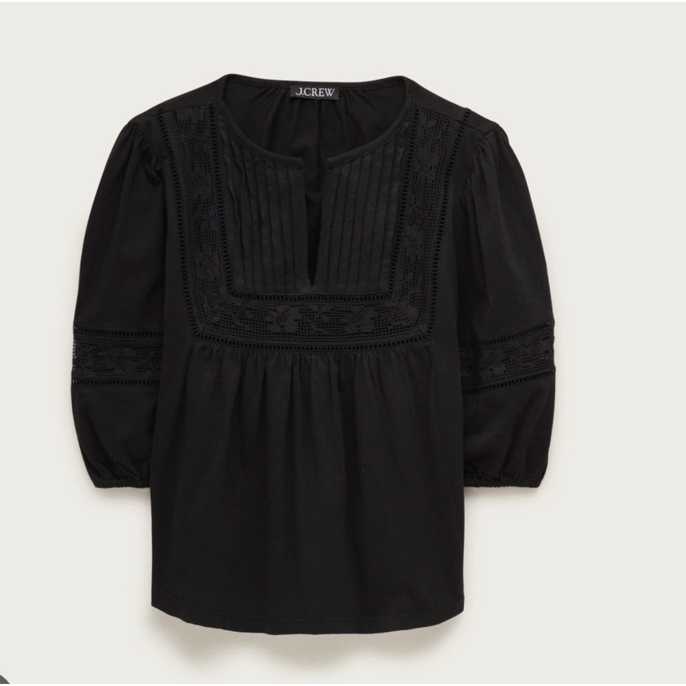 Lace-trim puff-sleeve shirt in broken-in jersey black preppy money sz XS